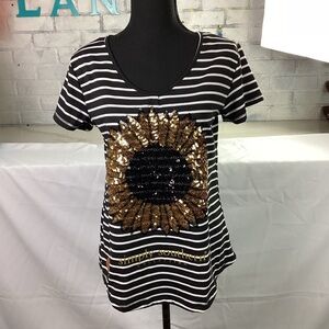 NWT Simply Southern Women's Sequins Sunflower Open Back Striped T-shirt, S